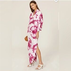 S/W/F Kimono Plunge Neck Maxi Dress in Magenta Tie Dye